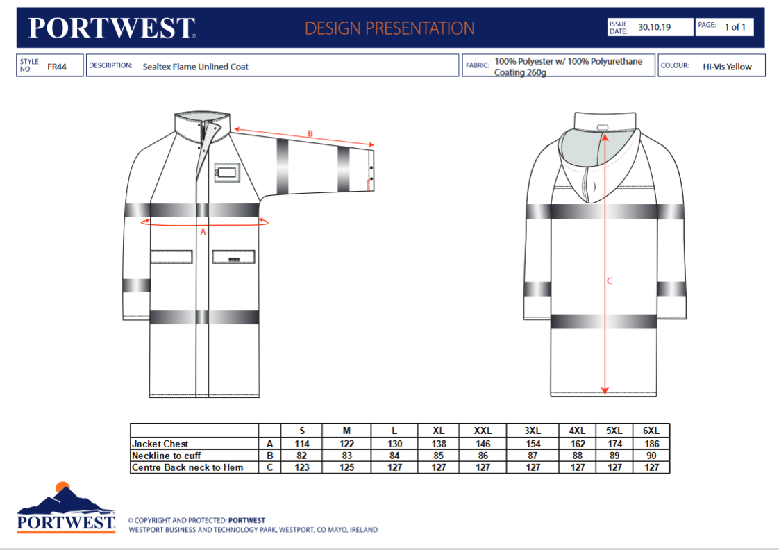 FR44 Portwest® Sealtex® Flame-Resistant Hi-Vis Coats- Size chart